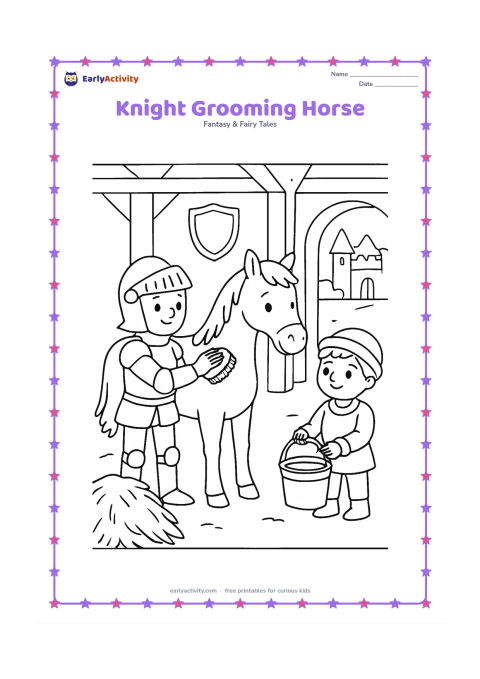 Colouring page: A knight gently brushes a horse in a castle stable while a small helper holds a bucket. Include a hay pile, stable beams, a shield on the wall, and an open doorway to the courtyard.