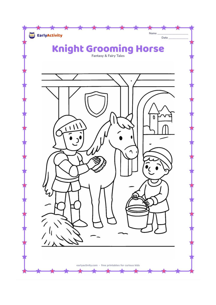 Colouring page: A knight gently brushes a horse in a castle stable while a small helper holds a bucket. Include a hay pile, stable beams, a shield on the wall, and an open doorway to the courtyard.