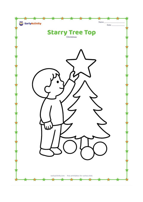 Colouring page: A child reaches up to place a large star on top of a small Christmas tree. Show the child standing on the floor with a few large baubles nearby.