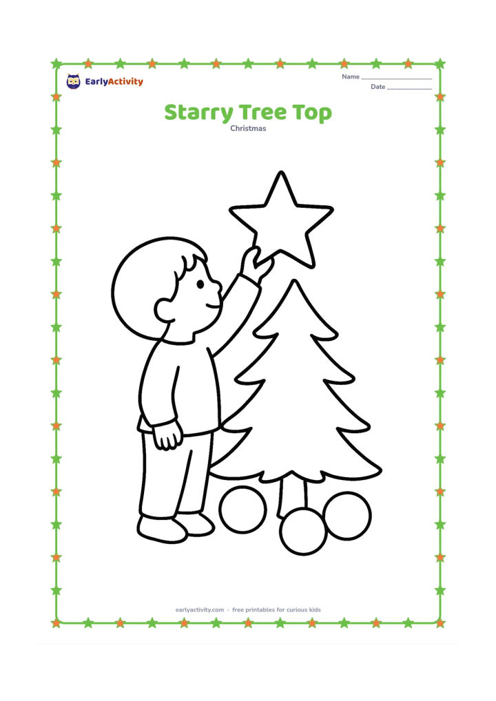 Colouring page: A child reaches up to place a large star on top of a small Christmas tree. Show the child standing on the floor with a few large baubles nearby.