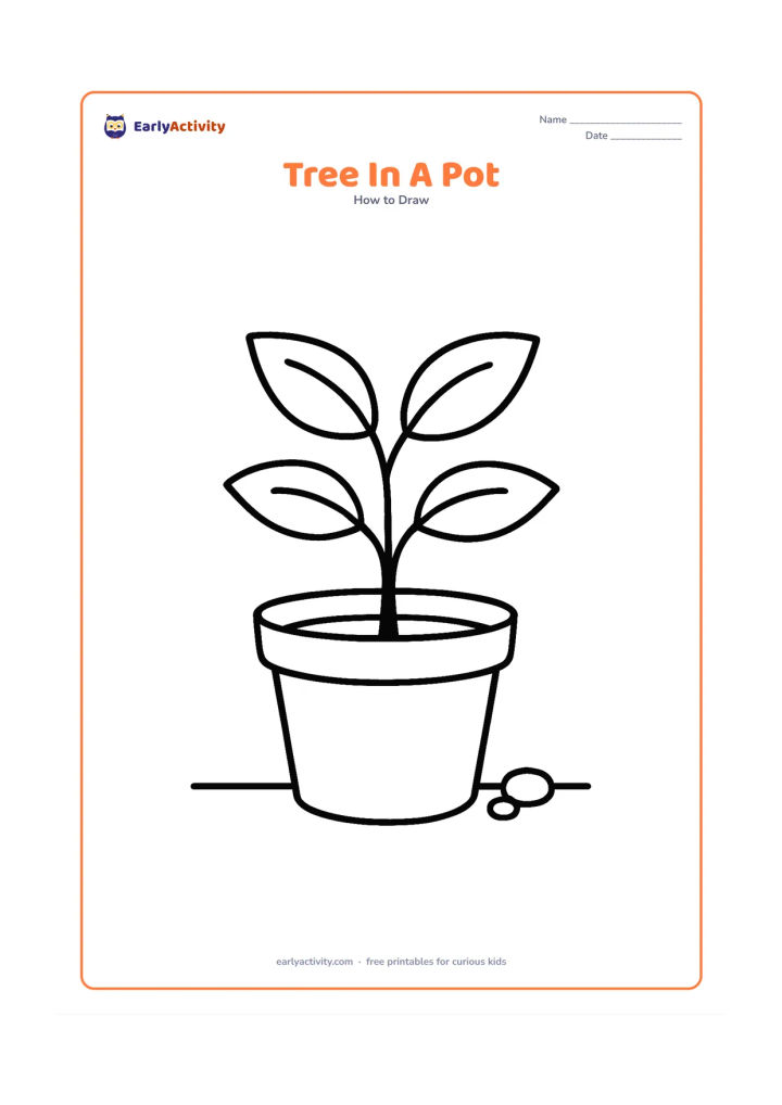 Worksheet: Show a young tree with a thick trunk and a few large leaves growing from a wide flowerpot. Place the pot on a simple floor line with two small pebbles beside it.