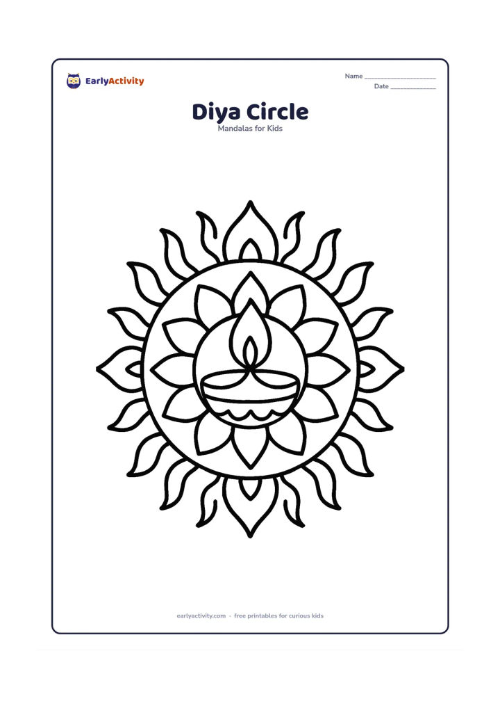 Colouring page: A circular mandala with a single plain oil lamp at the centre and repeated large flames, flower petals and curved rays around it. The lamp should be decorative but contain no symbols,…