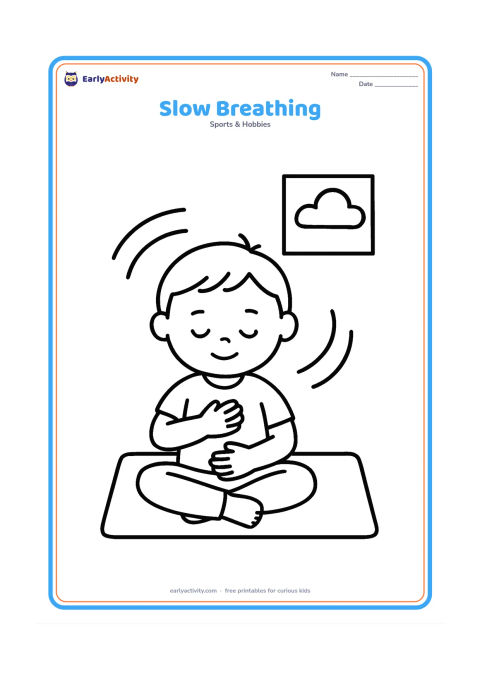 Colouring page: A child sits comfortably on a mat with one hand on the chest and one hand on the tummy, surrounded by three large curved lines suggesting slow breaths. Add one small window with a cloud…