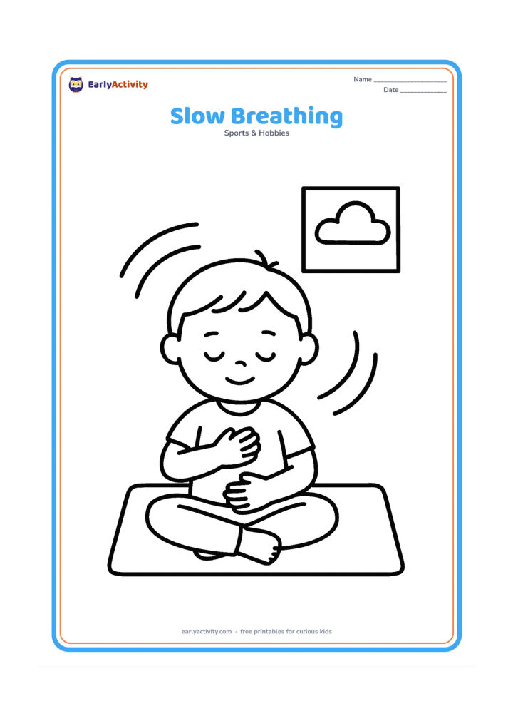 Colouring page: A child sits comfortably on a mat with one hand on the chest and one hand on the tummy, surrounded by three large curved lines suggesting slow breaths. Add one small window with a cloud…