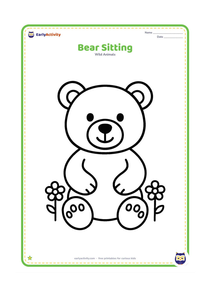 Colouring page: A bear sitting with its front paws resting on its round belly, shown in a simple open space. Add two small flowers beside it.