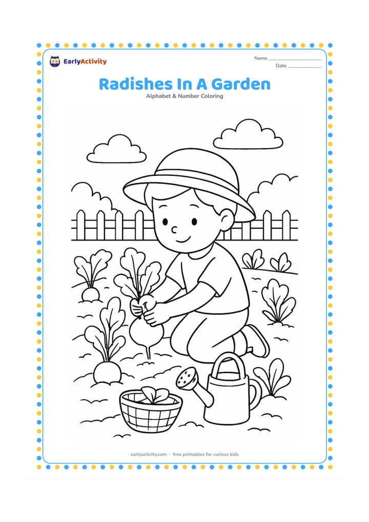 Colouring page: Draw a child pulling a round radish from a vegetable bed, with several leafy radishes still growing, a small basket and a watering can. Add neat soil rows and a low garden fence in the…