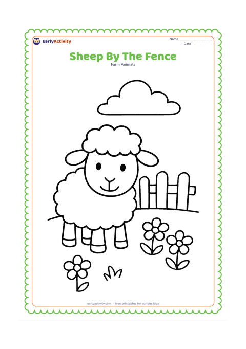 Colouring page: A large sheep stands beside a low wooden fence with three simple fence posts and a few flowers in the foreground. Show a broad sky above.