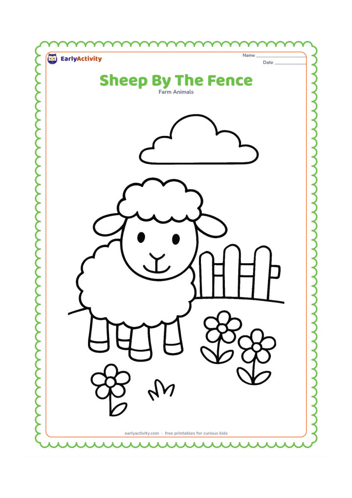 Colouring page: A large sheep stands beside a low wooden fence with three simple fence posts and a few flowers in the foreground. Show a broad sky above.