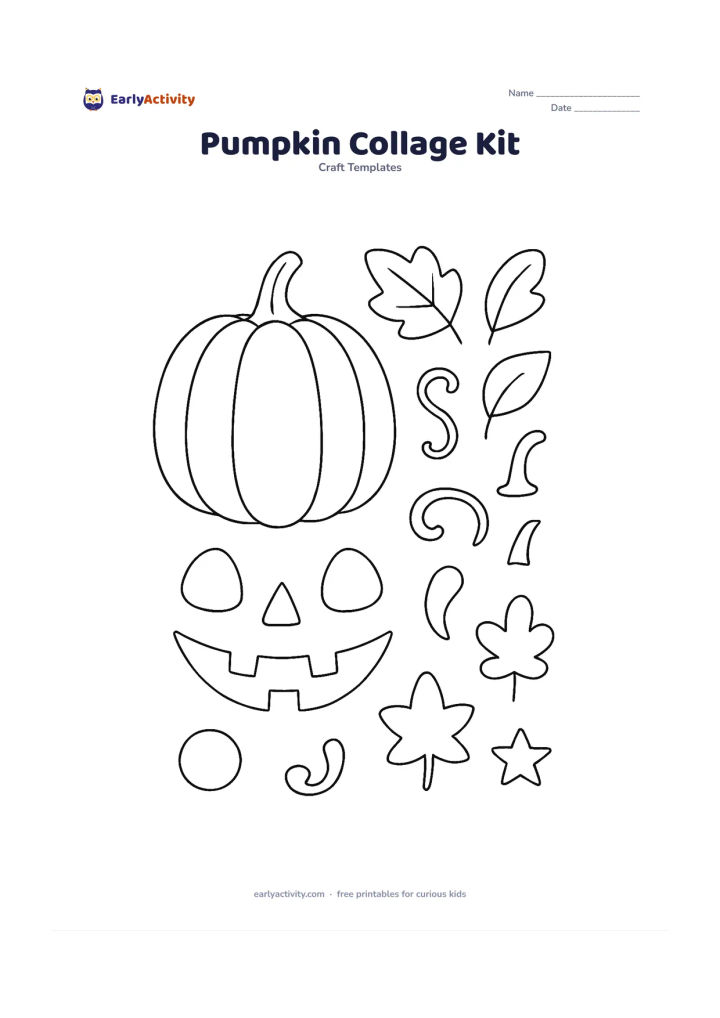 Worksheet: Place a large pumpkin base beside separate overlapping section pieces, leaves, vines, stems, eyes, noses, mouths, and small decorative shapes for a collage. Arrange the pieces neatly…