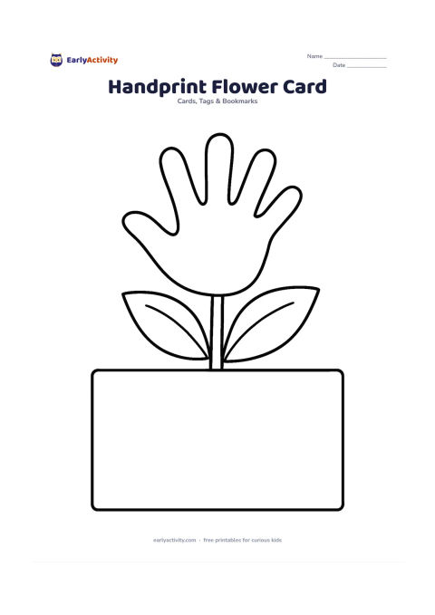 Worksheet: A large flower has five simple petal shapes made to resemble fingers, with a clear handprint-style outline and a round centre. Add two broad leaves and a blank lower panel for an adult…