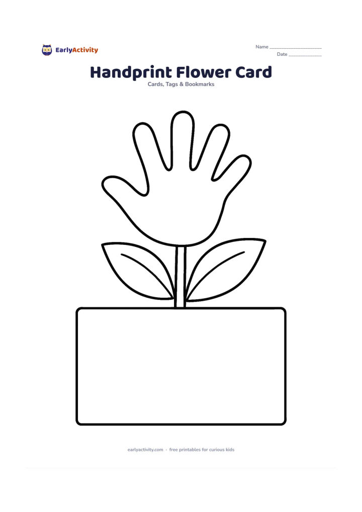 Worksheet: A large flower has five simple petal shapes made to resemble fingers, with a clear handprint-style outline and a round centre. Add two broad leaves and a blank lower panel for an adult…