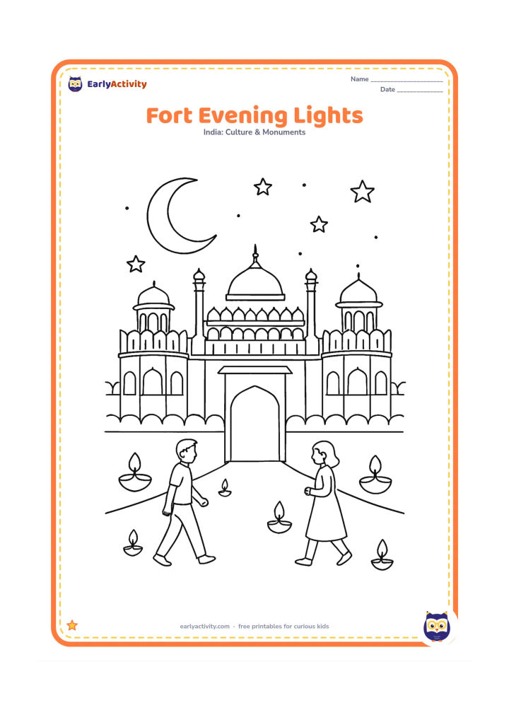 Colouring page: Draw the Red Fort at dusk with its gate, domes and wall outlined against a crescent moon and several stars. Add a few small lamps along the pathway and visitors walking in the foreground.