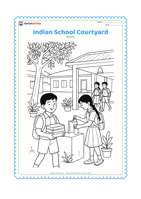 Colouring page: Children in varied school clothing gather in an Indian school courtyard, with one child carrying books, another filling a water bottle and friends walking toward a covered classroom…
