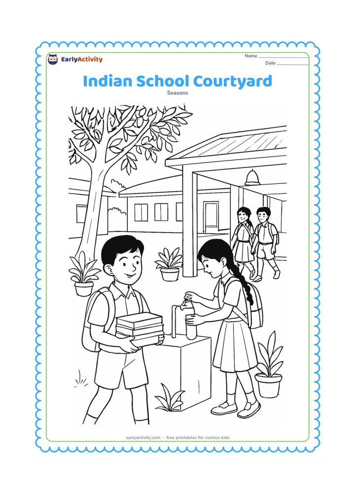 Colouring page: Children in varied school clothing gather in an Indian school courtyard, with one child carrying books, another filling a water bottle and friends walking toward a covered classroom…