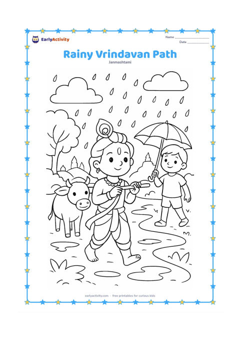 Colouring page: Draw Krishna walking with a flute along a rainy Vrindavan path, followed by a cow and one friend holding an umbrella. Add puddles, leafy trees, and distant temple-style rooftops.