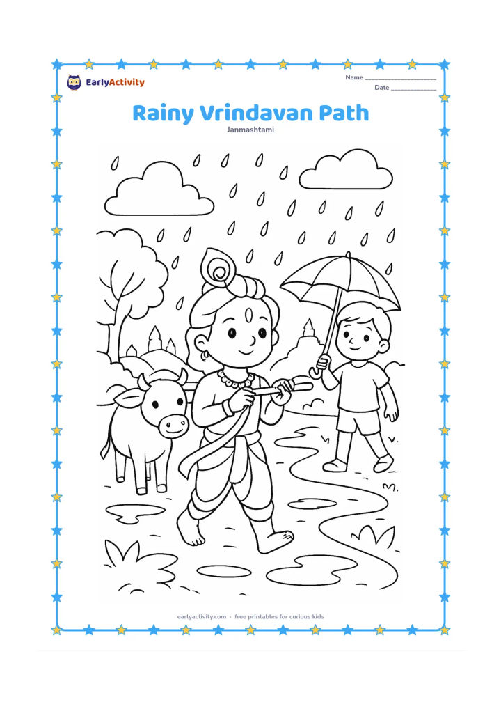 Colouring page: Draw Krishna walking with a flute along a rainy Vrindavan path, followed by a cow and one friend holding an umbrella. Add puddles, leafy trees, and distant temple-style rooftops.