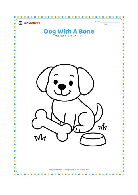 Colouring page: A cheerful puppy sits beside a large bone, with one paw resting on it. Add a simple bowl and two small grass tufts, keeping the dog and bone large in the centre.