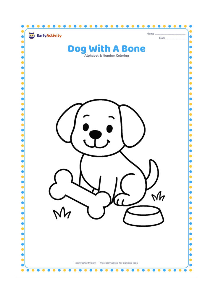 Colouring page: A cheerful puppy sits beside a large bone, with one paw resting on it. Add a simple bowl and two small grass tufts, keeping the dog and bone large in the centre.
