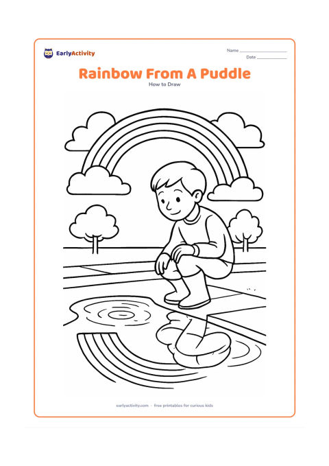 Worksheet: A child kneels beside a large puddle and observes a rainbow reflected in it, with an actual rainbow in the cloudy sky above. Include gumboots, ripples, wet pavement, a drain edge and…