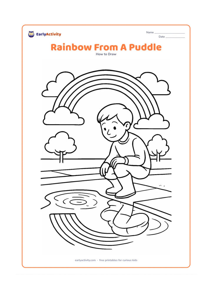Worksheet: A child kneels beside a large puddle and observes a rainbow reflected in it, with an actual rainbow in the cloudy sky above. Include gumboots, ripples, wet pavement, a drain edge and…