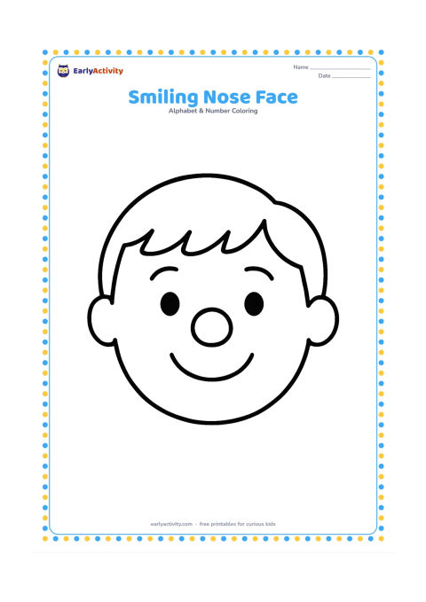 Colouring page: Draw a friendly child's face shown from the front with a large rounded nose, smiling mouth, two eyes, and simple hair. Keep the face centered with plenty of open space.