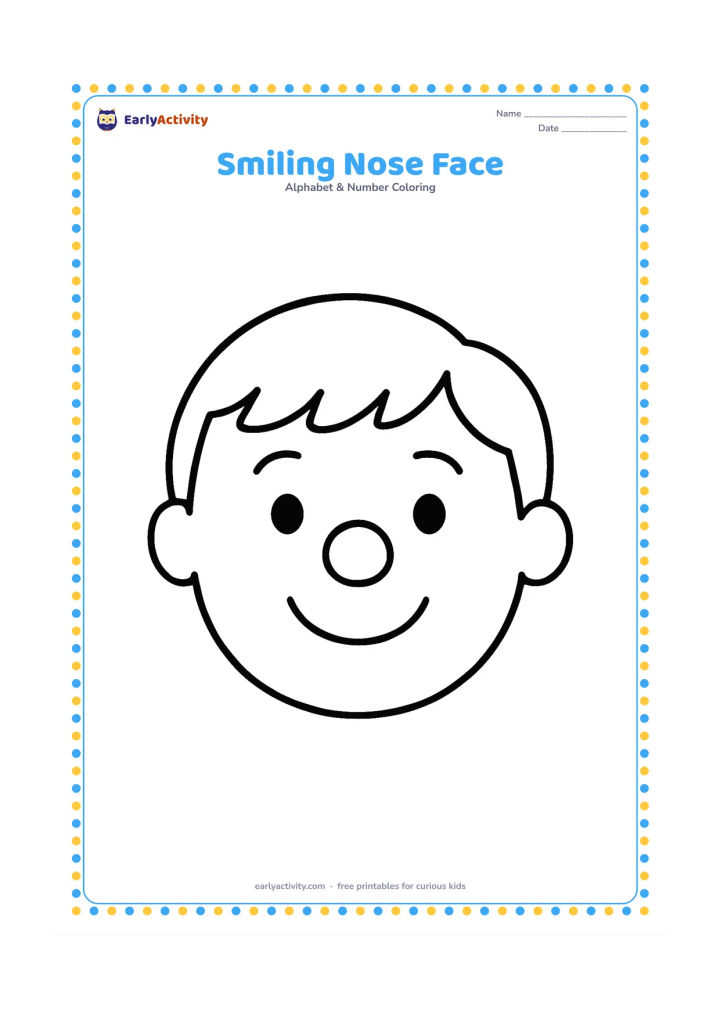 Colouring page: Draw a friendly child's face shown from the front with a large rounded nose, smiling mouth, two eyes, and simple hair. Keep the face centered with plenty of open space.