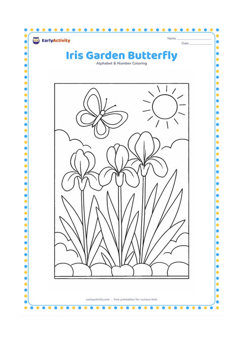 Colouring page: Draw three iris flowers at different heights with a butterfly hovering above them, surrounded by broad leaves and a low garden border. Show a sunny garden background.