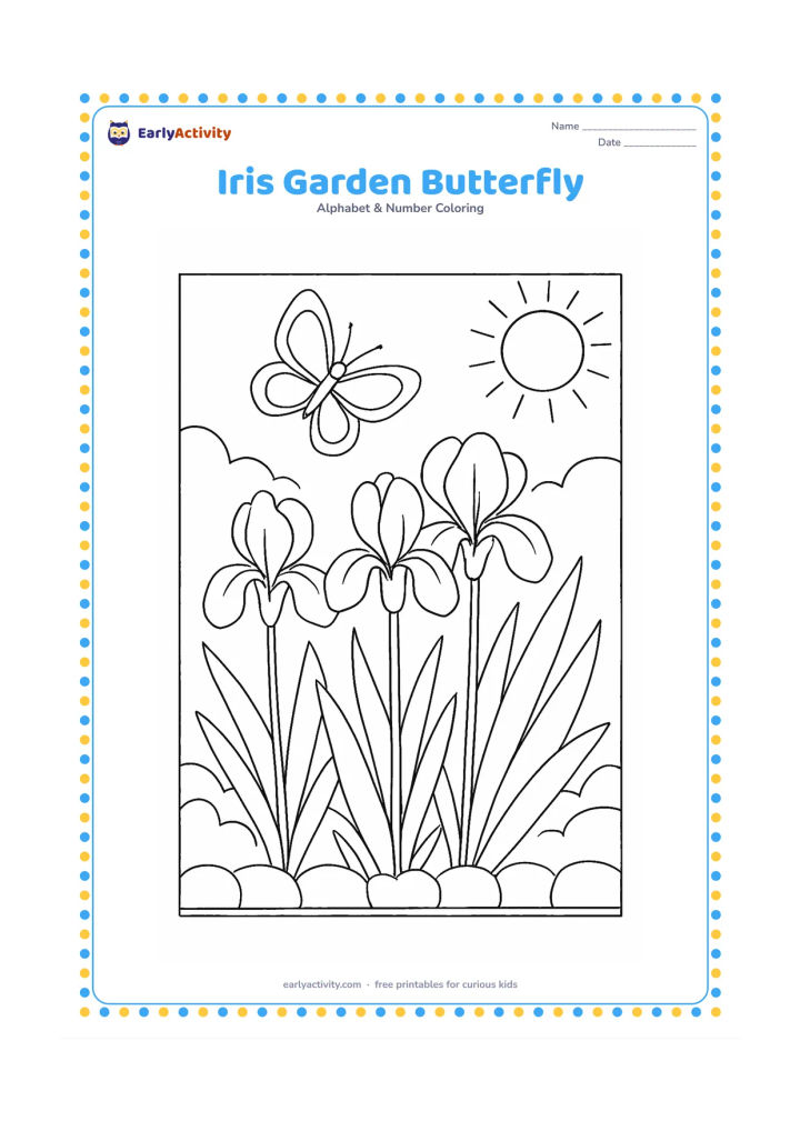 Colouring page: Draw three iris flowers at different heights with a butterfly hovering above them, surrounded by broad leaves and a low garden border. Show a sunny garden background.