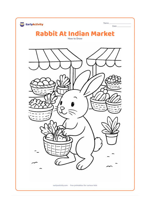 Worksheet: Show a friendly rabbit carrying a small basket of vegetables through a simple Indian market setting, with fabric awnings, baskets of produce and potted plants in the background. Keep the…