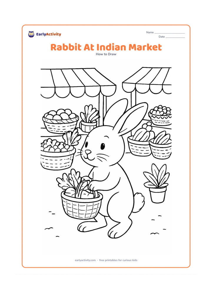 Worksheet: Show a friendly rabbit carrying a small basket of vegetables through a simple Indian market setting, with fabric awnings, baskets of produce and potted plants in the background. Keep the…
