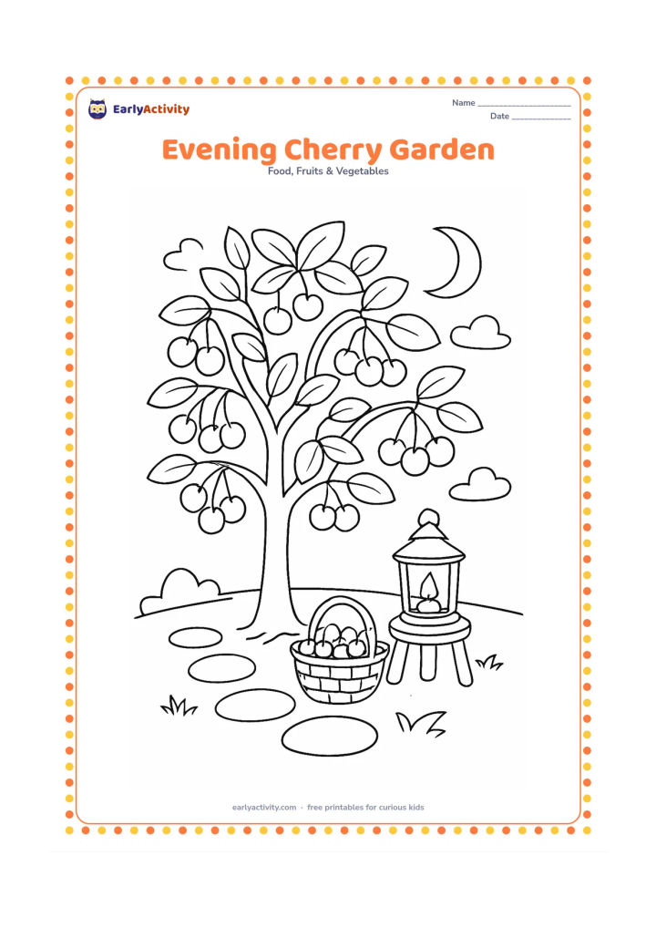 Colouring page: Draw a cherry tree at dusk with fruit clusters, a crescent moon, a lantern on a garden stool, stepping stones and a basket beneath the tree.
