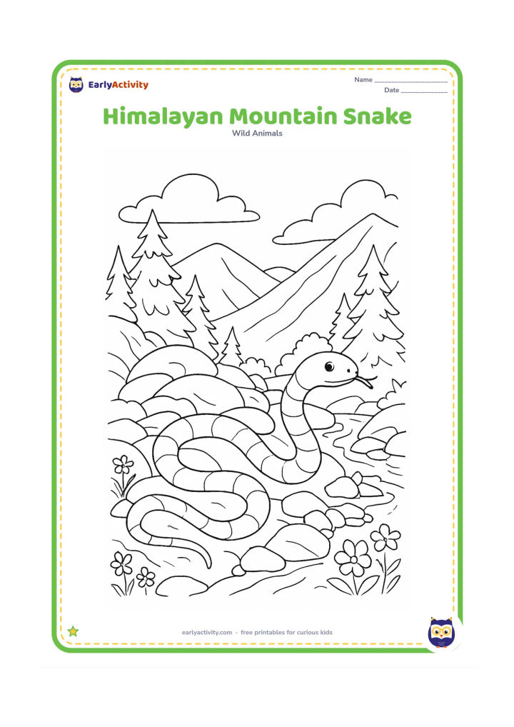 Colouring page: Draw a snake crossing a rocky Himalayan hillside with pine trees, mountain slopes, wildflowers, and a small stream below. The composition should show the snake's curved movement across…
