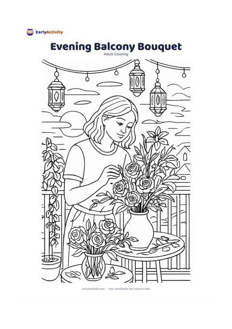 Colouring page: Draw a person arranging freshly cut flowers on an apartment balcony at sunset, with a vase of roses and lilies, loose stems, potted vines and a railing overlooking rooftops. Include a…
