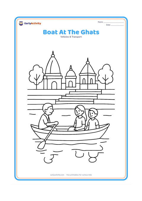 Colouring page: Draw a small passenger boat moving along a river beside Indian riverside steps, with a rower and two passengers. Add temple-like buildings without lettering, trees, and simple…