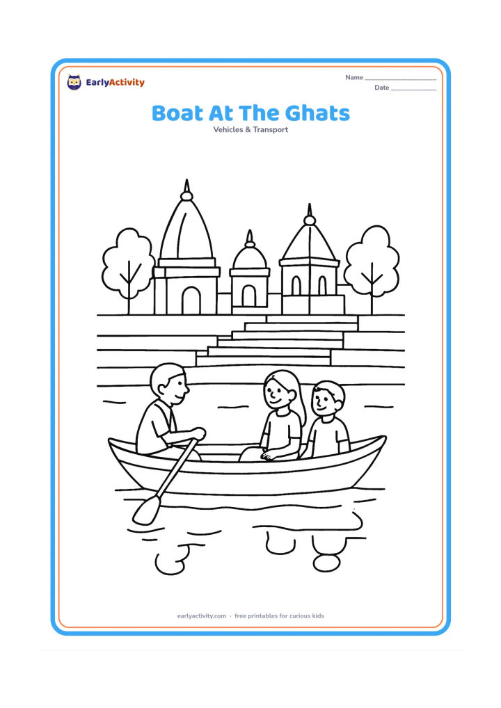 Colouring page: Draw a small passenger boat moving along a river beside Indian riverside steps, with a rower and two passengers. Add temple-like buildings without lettering, trees, and simple…