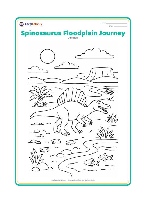 Colouring page: A Spinosaurus travels across a broad floodplain toward a winding waterway, with footprints behind it. Fill the scene with a few cycads, river reeds, rocky patches, fish, distant cliffs,…