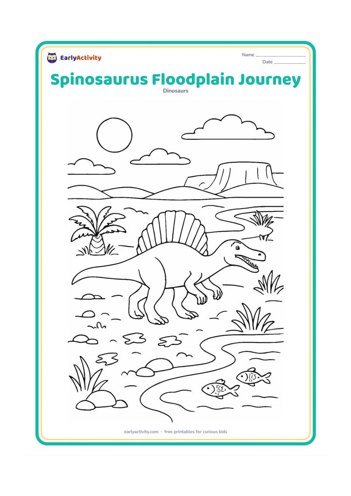 Colouring page: A Spinosaurus travels across a broad floodplain toward a winding waterway, with footprints behind it. Fill the scene with a few cycads, river reeds, rocky patches, fish, distant cliffs,…