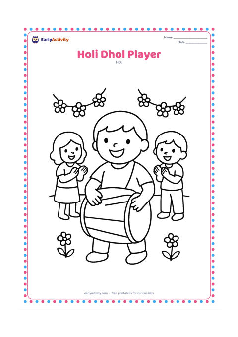 Colouring page: A cheerful child plays a large dhol while two friends clap nearby. Set the scene in an open courtyard with a few simple flower garlands.
