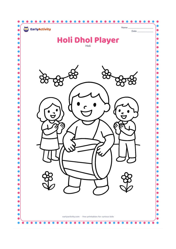 Colouring page: A cheerful child plays a large dhol while two friends clap nearby. Set the scene in an open courtyard with a few simple flower garlands.