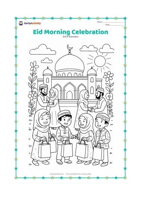 Colouring page: Draw a detailed Eid morning scene outside a mosque, with families greeting each other after prayer, children holding blank gift bags, floral decorations, shoes near the entrance, and a…