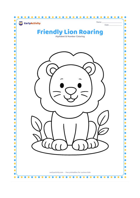 Colouring page: Draw a friendly lion sitting on a patch of grass with its mouth gently open, rounded mane, large paws and a few simple leaves nearby. Keep the lion large and centred with plenty of open…