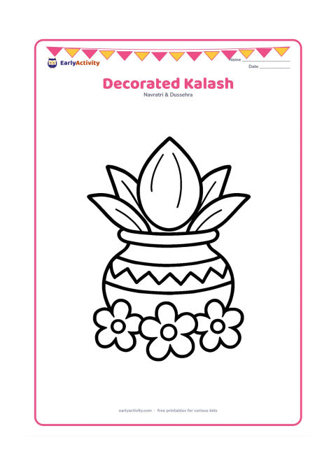 Colouring page: Draw a large Navratri kalash with a coconut, mango leaves, and a simple patterned cloth band. Add a few large flowers at the base and keep the composition centred.