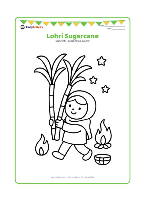 Colouring page: Draw one child carrying two tall sugarcane stalks toward a small bonfire. Include a simple winter shawl, three stars and a round basket on the ground.