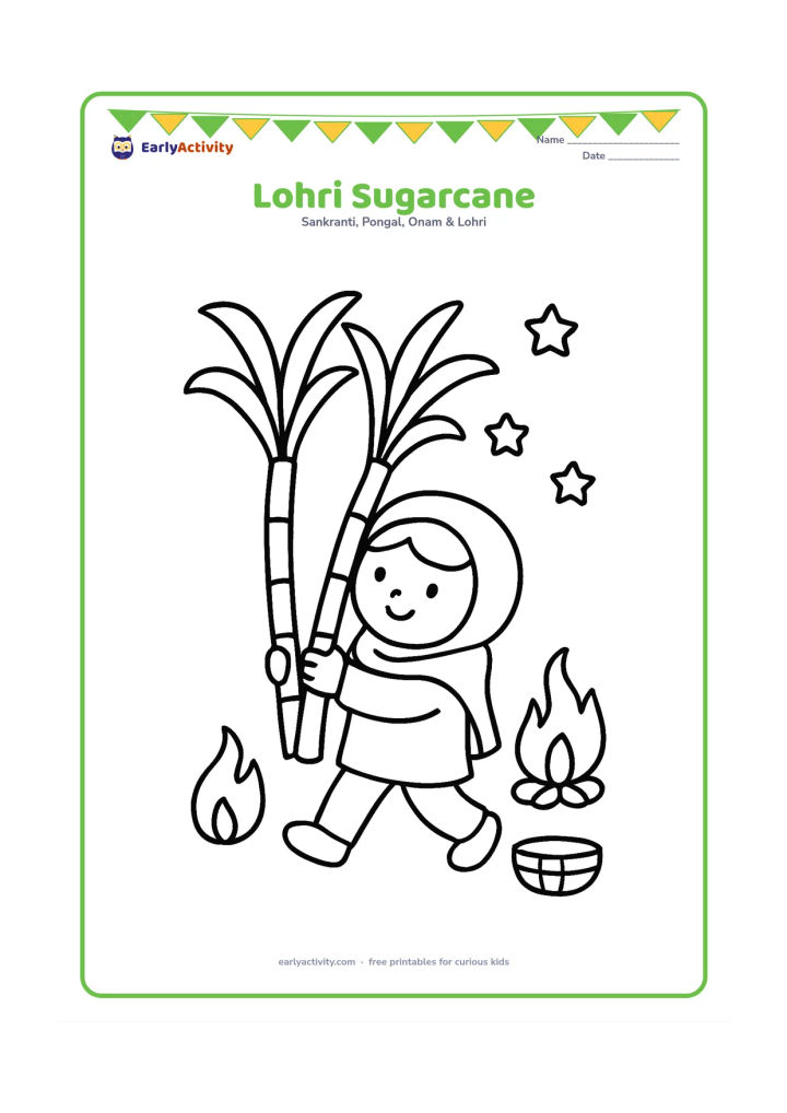 Colouring page: Draw one child carrying two tall sugarcane stalks toward a small bonfire. Include a simple winter shawl, three stars and a round basket on the ground.