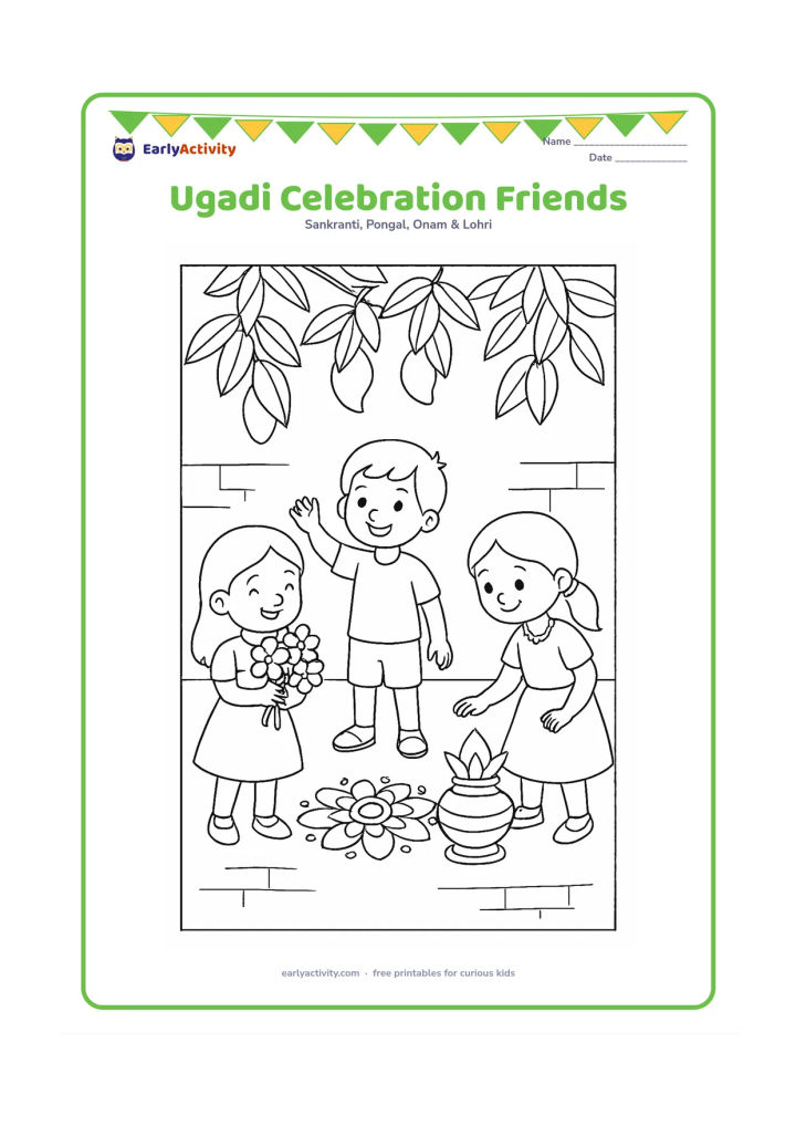 Colouring page: Three children celebrate together in a courtyard, one holding flowers, one standing near a kalash and one admiring a finished rangoli, with mango leaves overhead.