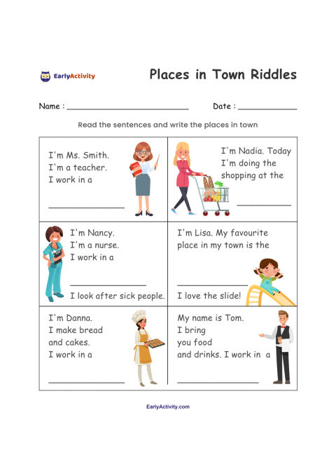Worksheet with six illustrated riddles about a teacher, shop, nurse, playground, bakery and café or restaurant.