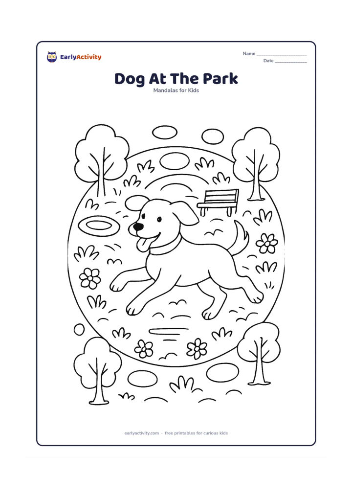 Colouring page: A happy dog runs after a frisbee in the centre of a circular park mandala. Surround the action with repeated trees, benches, flower patches, grass curves and simple circular frisbee shapes.
