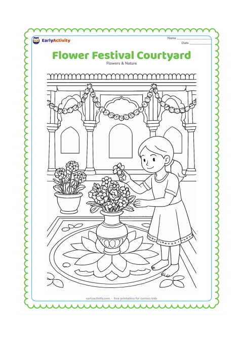 Colouring page: Draw an Indian courtyard decorated with flower garlands, potted marigolds, lotus motifs on a broad floor design and a central vase of mixed flowers. Include a child placing one flower…