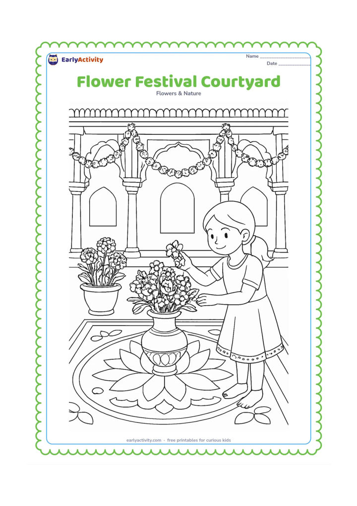 Colouring page: Draw an Indian courtyard decorated with flower garlands, potted marigolds, lotus motifs on a broad floor design and a central vase of mixed flowers. Include a child placing one flower…