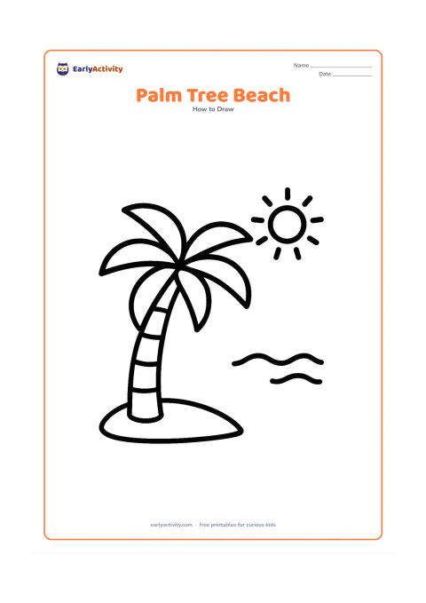 Worksheet: Show one palm tree with a curved trunk and five large leaves beside a simple sandy ground line, a small sun and two gentle waves in the distance.